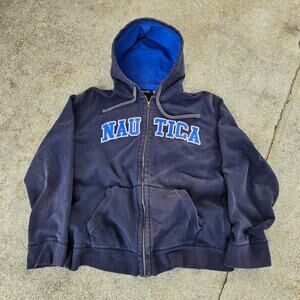 Vtg Y2k NAUTICA Arc Logo Applique Letters Sunfaded Zip Up Hooded Sweatshirt XXL